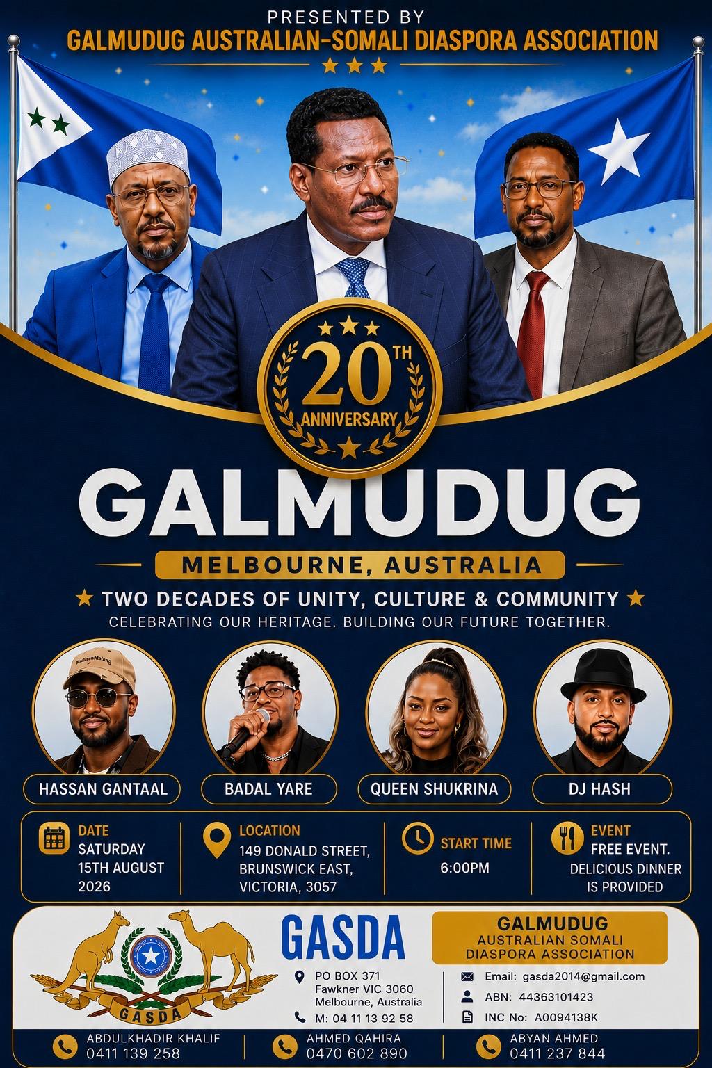 Poster for GASDA's Galmudug 20th Anniversary Celebration in Melbourne on 15 August 2026